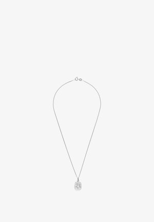 Silver necklace featuring a flat, rectangular pendant with a textured surface and a central design. The chain is fine and sleek.