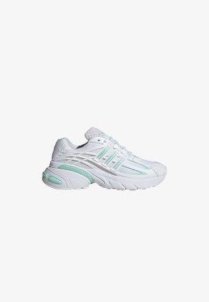 White athletic sneaker with mesh upper and mint green accents, visible cushioning sole, and lace-up closure, shown from side view.