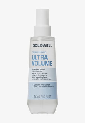 Spray volumateur Goldwell Ultra Volume dans un flacon transparent de 150 ml avec bouchon blanc, pour cheveux fins ou plats et protection de la couleur.