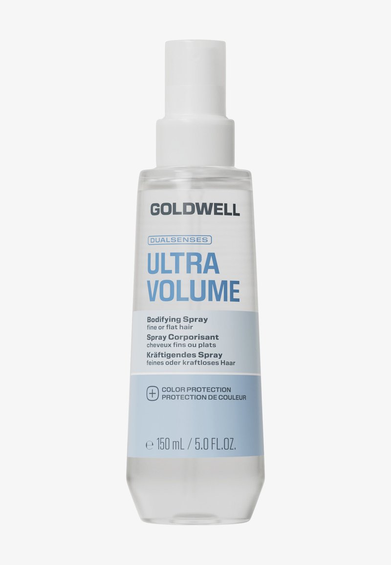 Goldwell Ultra Volume Verdichtungsspray in einer klaren 150 ml Flasche mit weißem Verschluss, für feines oder plattes Haar und Farbschutz.