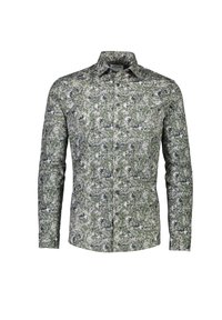 Langekleurige shirt in groen camouflagepatroon met schakeringen van grijs. Bevat een kraag en een knoopsluiting aan de voorkant met een gladde textuur.