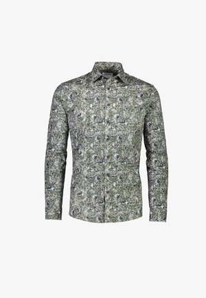 Langekleurige shirt in groen camouflagepatroon met schakeringen van grijs. Bevat een kraag en een knoopsluiting aan de voorkant met een gladde textuur.