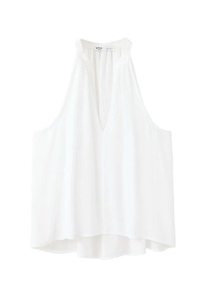 Blouse blanche sans manches avec un col en V profond et une coupe ample et fluide, confectionnée dans un tissu léger.