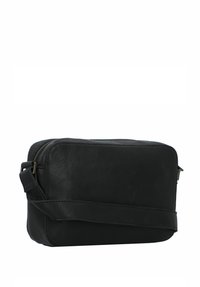 Borsa a tracolla in pelle nera con zip, forma rettangolare, superficie testurizzata e tracolla regolabile. Accenti in metallo semplice.