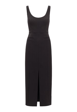 Svart ermeløs midikjole med firkantet utringning, innsvingt midje, to frontlommer med splitt, og en splitt midt foran på skjørtet.