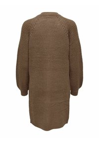 Cardigan marrone lavorato a maglia con una vestibilità ampia, polsini a costine e scollo rotondo. Presenta un motivo testurizzato su tutta la superficie del tessuto.
