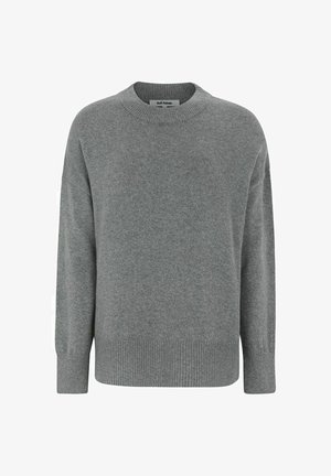 Világosszürke pulóver puha kötött anyagból, kerek nyakkivágással, bordás mandzsettákkal és szegéllyel, laza, doboz alakú szabással.