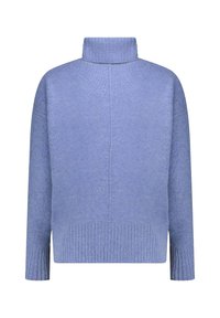 Pull bleu clair avec un col montant, un ourlet côtelé et des manches longues. Texture douce avec une coupe décontractée et un détail de couture à l'arrière.