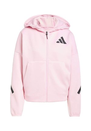 Pink zip-up hoodie with a hood, black accents, and logo on the chest. Features front pockets and elastic cuffs for comfort. Smooth texture.