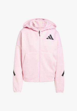 Sudadera rosa con cremallera, con capucha, detalles en negro y logo en el pecho. Cuenta con bolsillos frontales y puños elásticos para mayor comodidad. Textura suave.