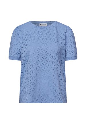 Blouse bleu clair à manches courtes avec motif brodé texturé et col rond de Street One, présentée sur un fond blanc.