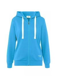 Jasnoniebieska bluza z kapturem na zamek, wykonana z miękkiego materiału, z kapturem, białymi sznureczkami, prążkowanymi mankietami i małym logo po lewej stronie.