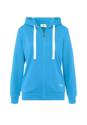 Jasnoniebieska bluza z kapturem na zamek, wykonana z miękkiego materiału, z kapturem, białymi sznureczkami, prążkowanymi mankietami i małym logo po lewej stronie.