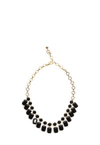 Czarny naszyjnik z kamieniami w kształcie prostokątów i okręgów, złotymi metalowymi ogniwami łańcuszka oraz regulowanym zapięciem do dostosowywania długości.
