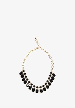 Czarny naszyjnik z kamieniami w kształcie prostokątów i okręgów, złotymi metalowymi ogniwami łańcuszka oraz regulowanym zapięciem do dostosowywania długości.