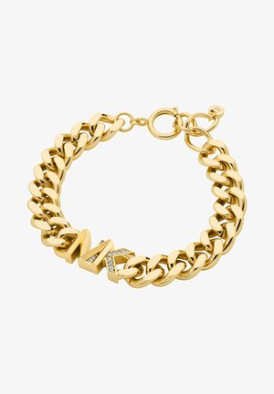 Gold-tone bracelet featuring chunky links and an 'MK' logo adorned with rhinestones, secured with a chain toggle clasp.