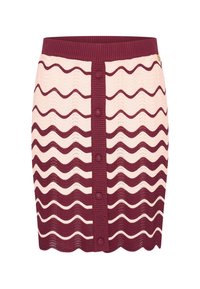 Vaatteesta kudottu hame, jossa on aaltoilevat marooninpunaiset ja kermaiset kuviot, ribattu vyötärö, etupainike ja scallop-helma.