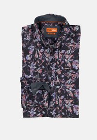 Schwarzes Hemd mit einem Blumenmuster in lila, pink und blau. Aus Stoff gefertigt, mit regular fit und Knopfverschluss. Enthält eine Brusttasche.