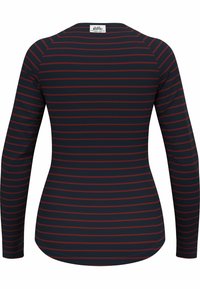 Langarmshirt in Marineblau mit roten horizontalen Streifen. Verfügt über einen runden Halsausschnitt und weichen, dehnbaren Stoff mit glatter Textur.