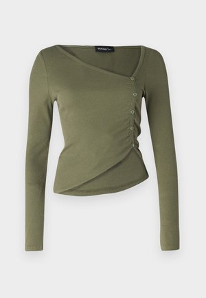 Langsleeve, olijfgroen top van ribbelstof. Heeft een gedrapeerd ontwerp met een V-hals en zijknopen langs de overlappende zoom.