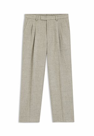 Hellbeige Hochbundhose mit Vorderfalten, Gürtelschlaufen und geradem Bein aus strukturiertem Stoff.