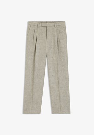Light beige high-waist trousers with front pleats, belt loops, and a straight-leg cut, made of textured fabric.