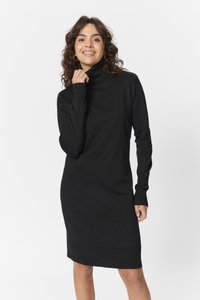 Black turtleneck dress with long sleeves, ribbed cuffs and hem, knee-length, made of a soft, textured fabric.