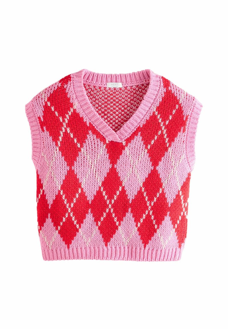 Rote und pinke Strickweste mit V-Ausschnitt und kurzen Ärmeln, die ein Farbwechsel-Muster mit Rauten und einen gerippten Saum aufweist.