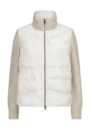 Padded weiße Jacke mit beigen Strickärmeln und Kragen. Verfügt über einen Frontreißverschluss und ein strukturiertes Material an den Ärmeln.