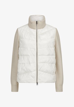 Padded weiße Jacke mit beigen Strickärmeln und Kragen. Verfügt über einen Frontreißverschluss und ein strukturiertes Material an den Ärmeln.