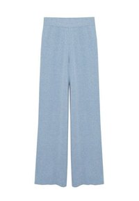 Pantalones de pierna ancha azul claro, hechos de una tela suave y texturizada, con una cinturilla elástica y lisa, sin cierres visibles.