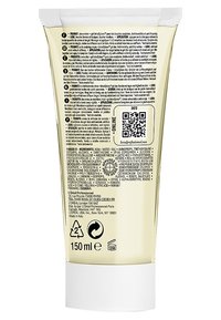 Beige plastic buis met een witte dop, bevat 150 ml crèmegel; gedetailleerde ingrediëntenlijst in het zwart gedrukt op de achterkant; QR-code zichtbaar.