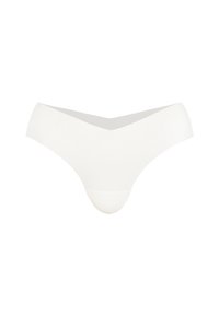 String blanc avec un design sans coutures, texture en relief et une taille en V. Tissu doux pour le confort et l'ajustement.