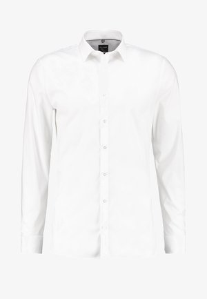 Weißes Langarmhemd aus glattem Baumwollstoff, mit klassischem Kragen, Knopfverschluss und geradem Saum.