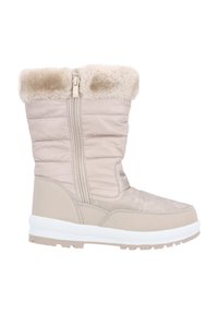 Botín de invierno beige con un diseño acolchado, puño forrado de pelaje y cremallera lateral. Presenta una base sólida y acentos texturizados. Suela de goma.