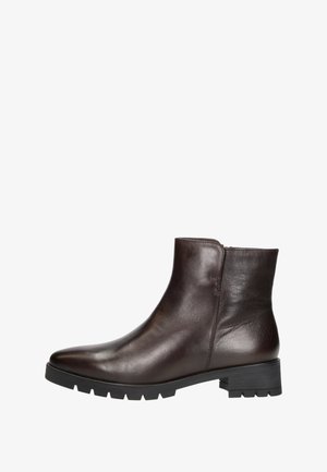 Bottine en cuir marron foncé avec fermeture éclair latérale, petit talon bloc et semelle en caoutchouc robuste pour une meilleure adhérence.