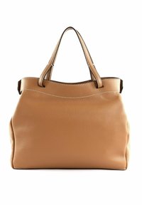 Tan leren handtas met een gladde textuur, dubbele handvaten en witte stiksels langs de bovenkant. De vorm is gestructureerd met een brede basis.