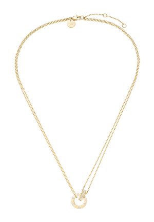 Gold double-chain necklace with a circular pendant embellished with small clear crystals and a crystal-studded bar clasp.
