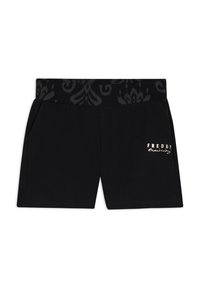 Pantalones cortos negros con una pretina texturizada que presenta un patrón sutil, bolsillos laterales y un logo dorado "FREDDY training" en la parte delantera.