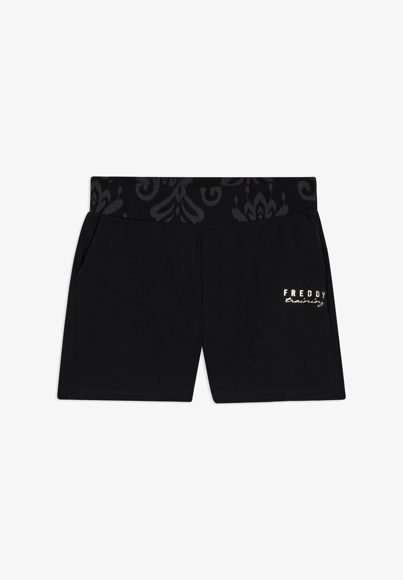 Pantalones cortos negros con una pretina texturizada que presenta un patrón sutil, bolsillos laterales y un logo dorado "FREDDY training" en la parte delantera.