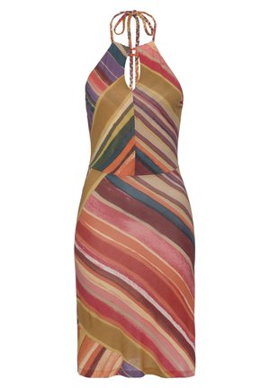 Mouwloze halterjurk met meerkleurige diagonale strepen in tinten rood, oranje, paars, blauw en goud, met een keyhole-halslijn en gevlochten koordjes.