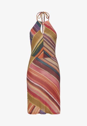 Hihaton halterneck-mekko, jossa on monivärisiä vinoja raitoja punaisen, oranssin, violetin, sinisen ja kullan sävyissä, avainreikäkaulus ja punotut nyörit.