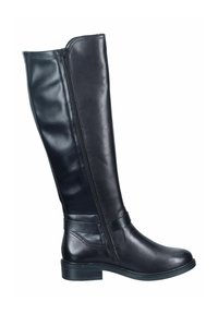 Bottes en cuir noires jusqu'aux genoux avec une texture lisse, fermeture éclair sur le côté et un petit talon carré. Présentent des accents cousus et un design épuré.