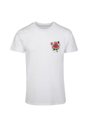 T-shirt bianca in cotone con una grafica colorata e giocosa di un personaggio anguria con una bevanda e una fragola. Maniche corte, scollatura a girocollo.