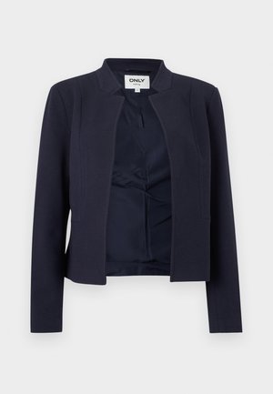 Marineblå blazer med åben front, lange ærmer og kravefri halsudskæring, der har en glat inderforing og en figurtilpasset pasform.