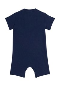 Tmavomodrý krátky overal s krátkym rukávom z rebrovanej tkaniny; má okrúhly výstrih a nohavice bez zapínania. Jednoduchý a funkčný dizajn.