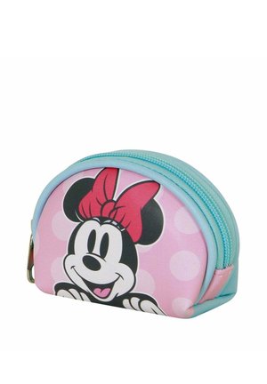 Pequeño estuche pastel azul y rosa con cremallera que presenta a Minnie Mouse con un lazo rojo sobre un fondo rosa con lunares.