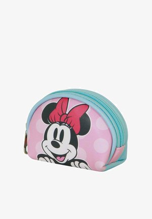 Petit étui zippé bleu pastel et rose représentant Minnie Mouse avec un nœud rouge sur un fond rose à pois.