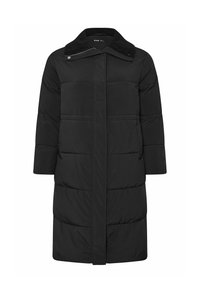 Czarna kurtka puchowa o średniej długości, z teksturowanym, czarnym kołnierzem, zapięciem na zatrzaski i poziomym pikowaniem.