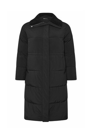 Svart puffjacka med en medellång design, med en texturerad svart krage, tryckknappsstängning och horisontellt quiltat mönster.